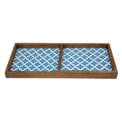 2-Compartment Blue Tile Wood Tray, 14" -Cleaning Essentials Sales 2 compartment blue tile wood tray 14 2