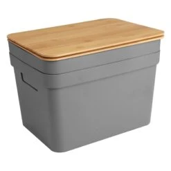 2-Pack Grey 15L Storage Bin With Bamboo Lid, Large