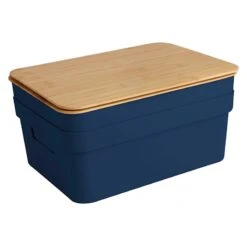 2-Pack Navy 8.5L Storage Bin With Bamboo Lid, Medium