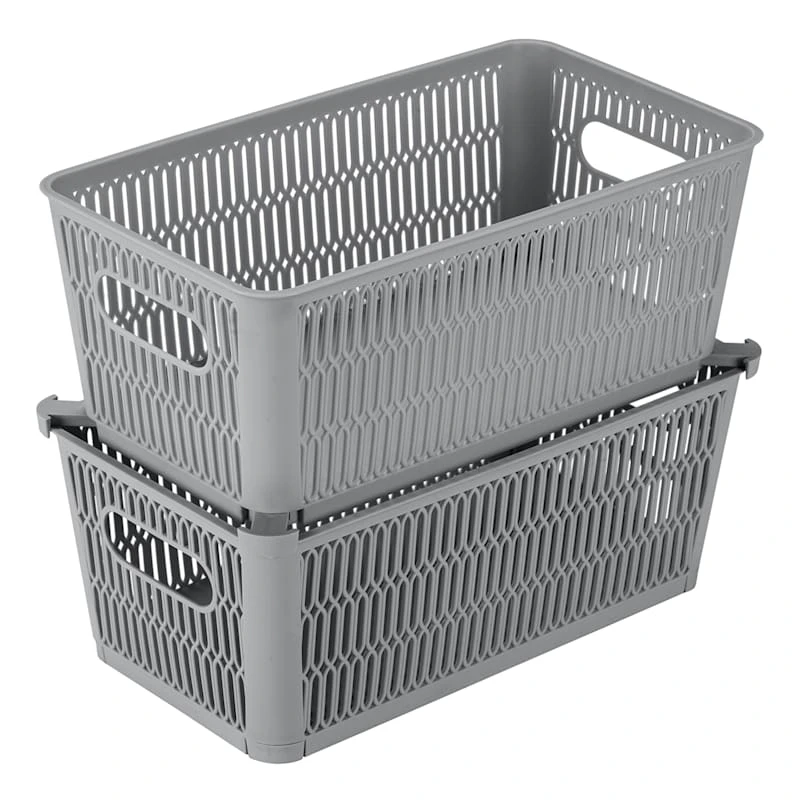 2-Pack Slide And Stack Shelf Storage Tote, Grey 3 2-Pack Slide And Stack Shelf Storage Tote, Grey
