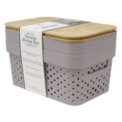 2-Piece Small Storage Bins With Bamboo Lid, Mauve