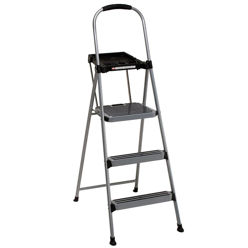 3-Step Grey Metal Step Ladder With Tray 4 3-Step Grey Metal Step Ladder With Tray - Image 2