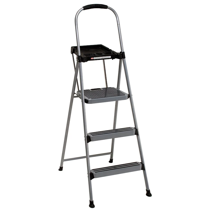 3-Step Grey Metal Step Ladder With Tray 3 3-Step Grey Metal Step Ladder With Tray