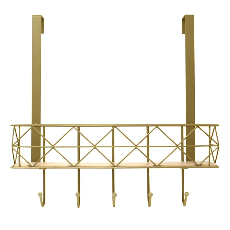 5-Hook Gold Bombay Diamond With Bamboo Brass Basket Over The Door Hanger 3 5-Hook Gold Bombay Diamond With Bamboo Brass Basket Over The Door Hanger