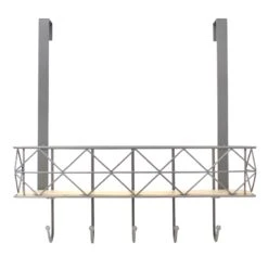 5-Hook Grey Bombay Diamond With Bamboo Wood Basket Over The Door Hanger