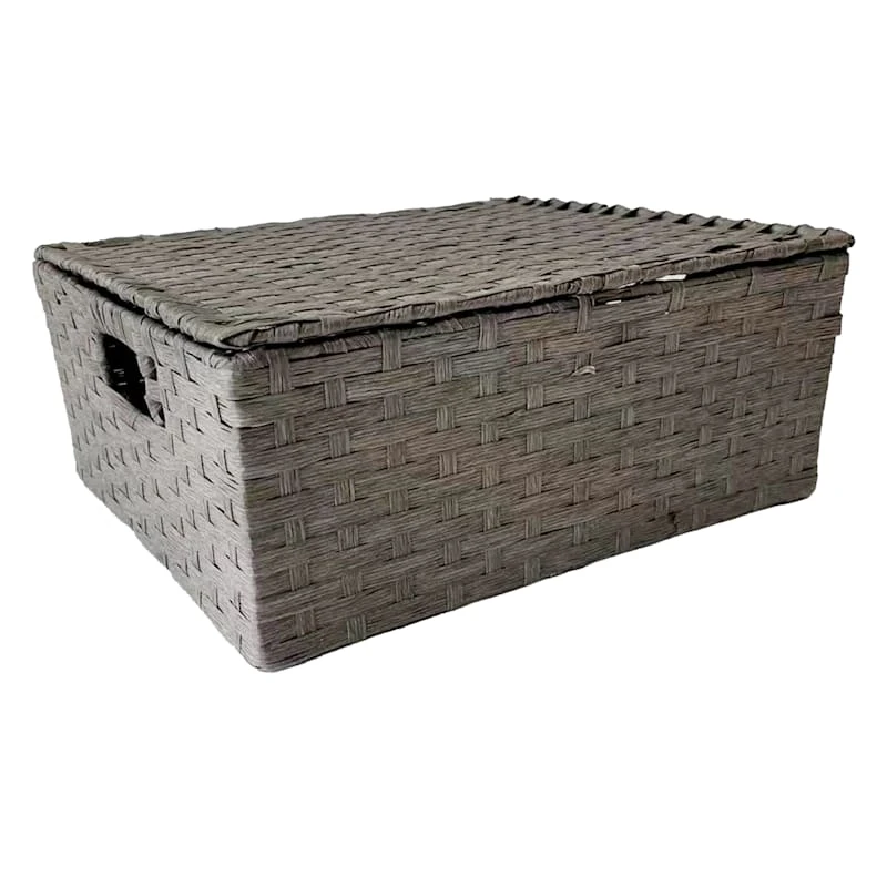 Dark Grey Paper Rope Storage Basket With Lid, Large 3 Dark Grey Paper Rope Storage Basket With Lid, Large