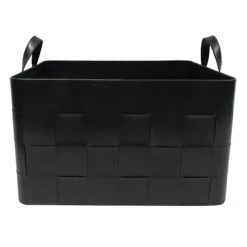 Faux Leather Rectangle Black Woven Basket Large