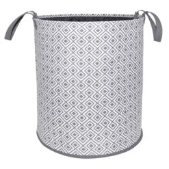Geo Round Canvas Collapsible Laundry Hamper With Handles, Grey