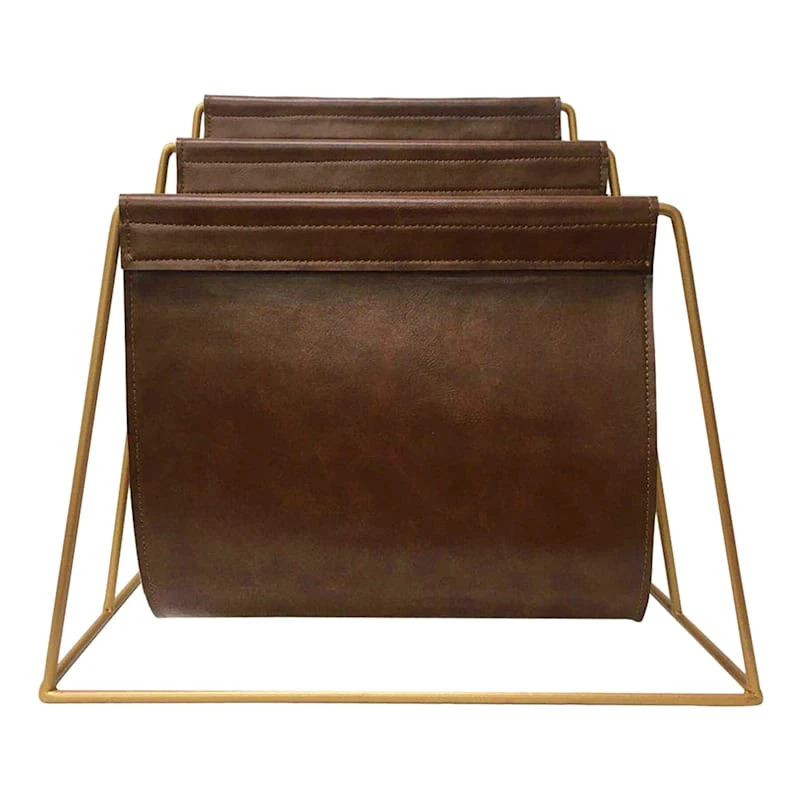 Golden Metal & Brown Faux Leather Magazine Holder 3 Golden Metal & Brown Faux Leather Magazine Holder - Image 2