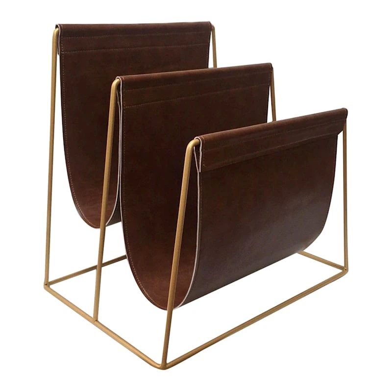 Golden Metal & Brown Faux Leather Magazine Holder 2 Golden Metal & Brown Faux Leather Magazine Holder