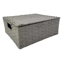 Grey Paper Rope Storage Basket Light With Lid, Large