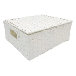 Large Paper Rope Rectangle Basket White With Lid