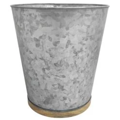 Light Grey Galvanized Metal With Wooden Accent Wastebasket, 10"