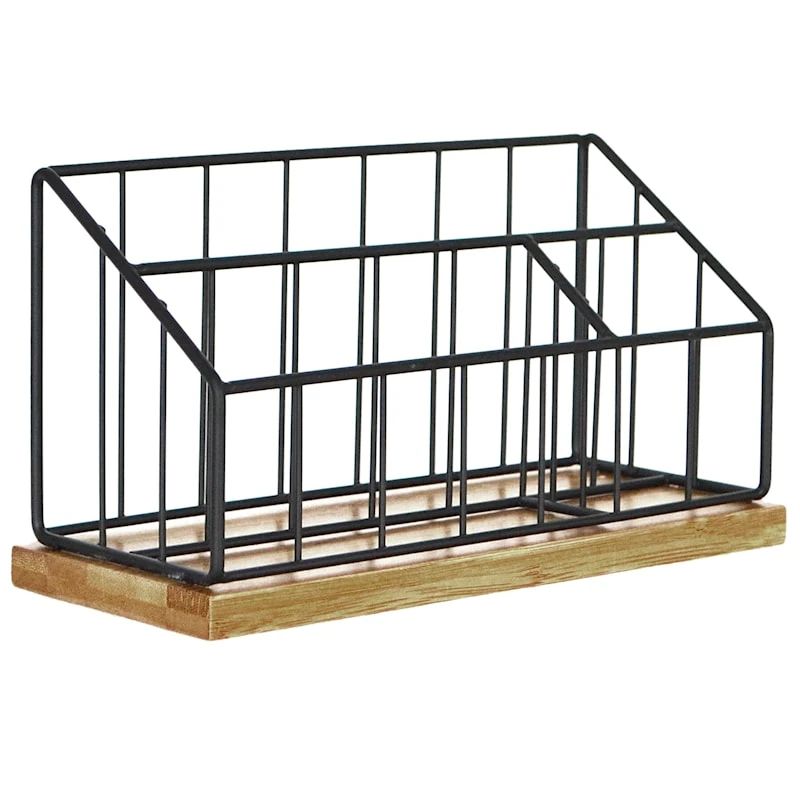 Matte Black Wire & Bamboo Wood Desk Organizer 3 Matte Black Wire & Bamboo Wood Desk Organizer