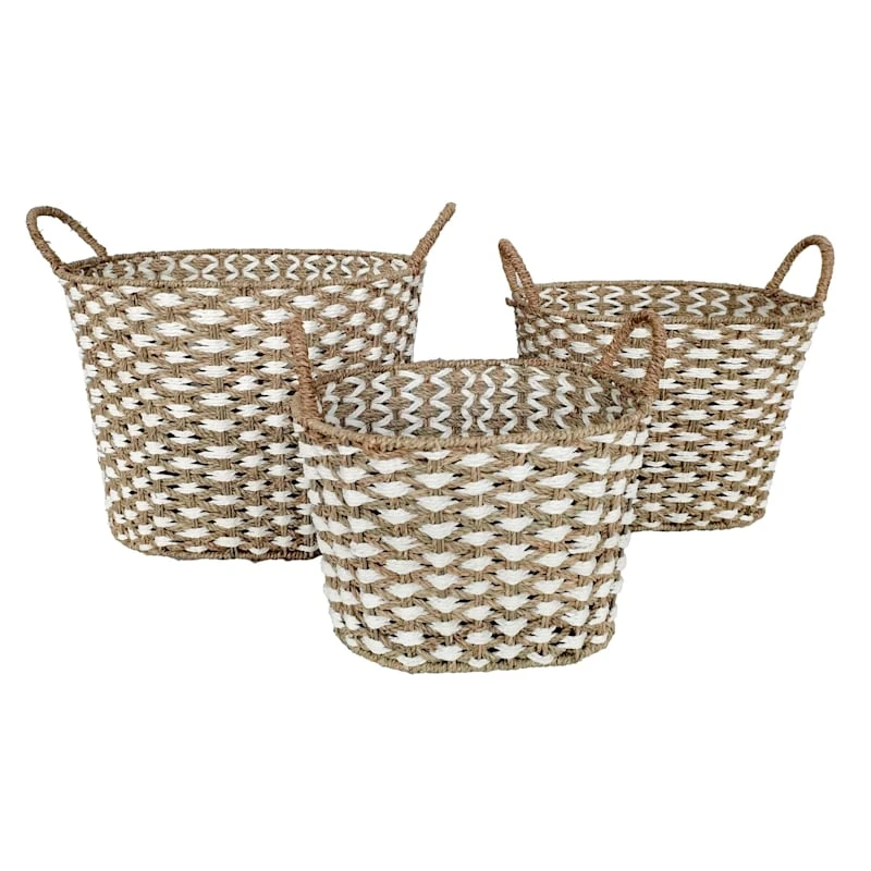 Natural & White Woven Basket, 10" 3 Natural & White Woven Basket, 10"