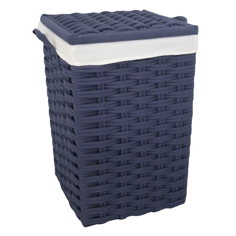 Navy Blue Square Laundry Floor Standing Hamper With Ivory Liner, Large 3 Navy Blue Square Laundry Floor Standing Hamper With Ivory Liner, Large