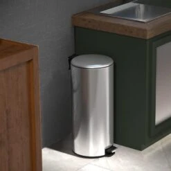 Round Stainless Steel Pedal Trash Bin With Thin Lid, 30l -Cleaning Essentials Sales round stainless steel pedal trash bin with thin lid 30l 7