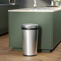 Round Stainless Steel Swing-Top Trash Bin, 45l -Cleaning Essentials Sales round stainless steel swing top trash bin 45l 3