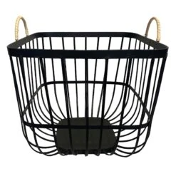 Square Black Metal Storage Basket With Handles, Medium